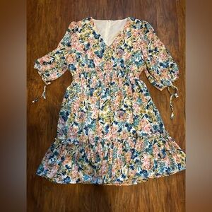 V-Neck Fit & Flare Midi Dress Floral Print Pastel Colors Feminine